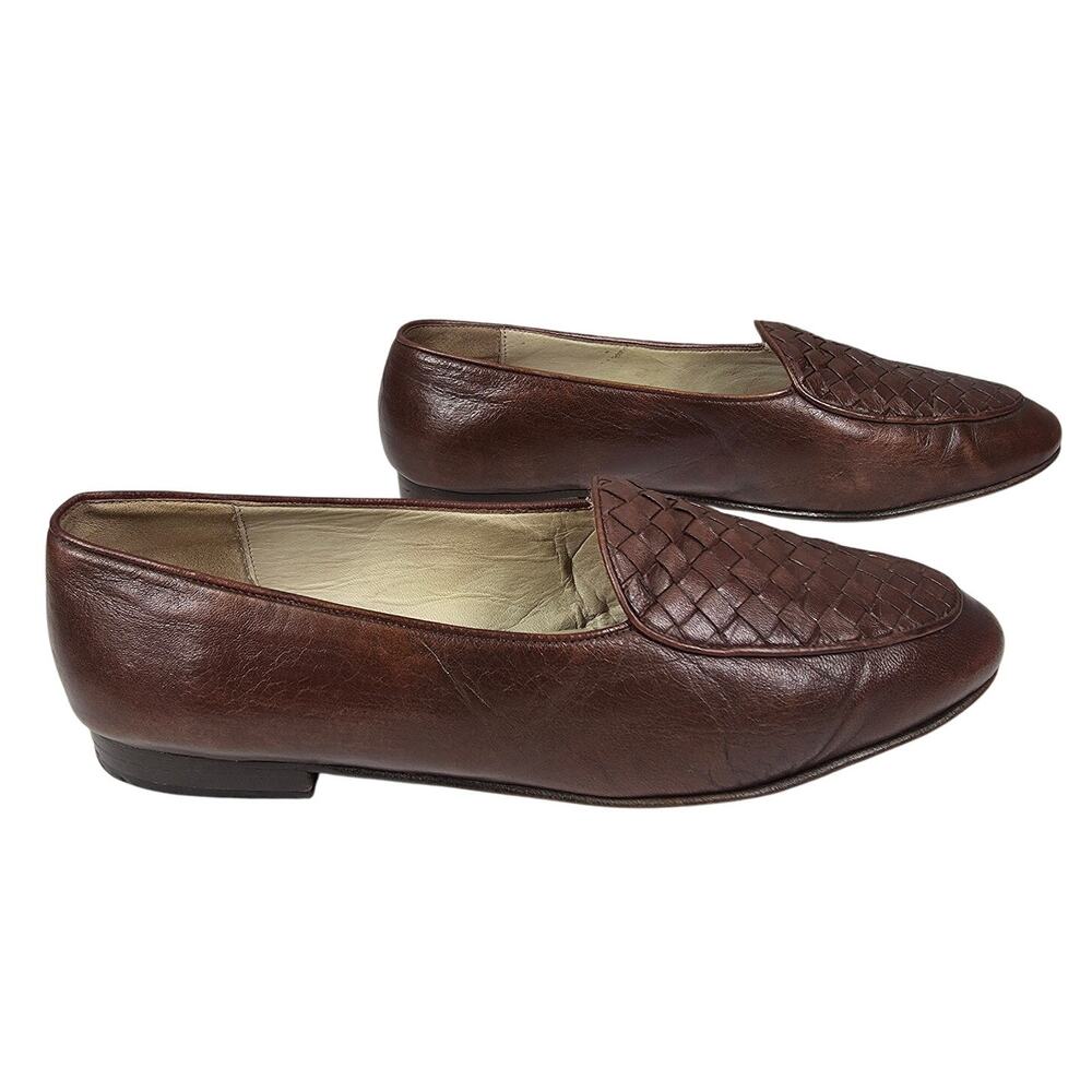 AMALFI ITALY WOMEN'S BROWN LEATHER MOCCASIN LOAFERS SIZE 8.5 VAMP WEAVE, SLIP-ON